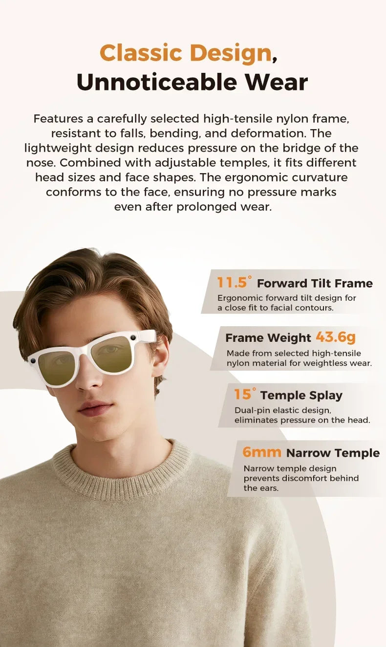 MOGCO Smart AI Glasses, 8MP Camera, Real-time Translation, 3600mAh Charging Case, 43.6g Ultra Lightweight Portable Eyeglasses
