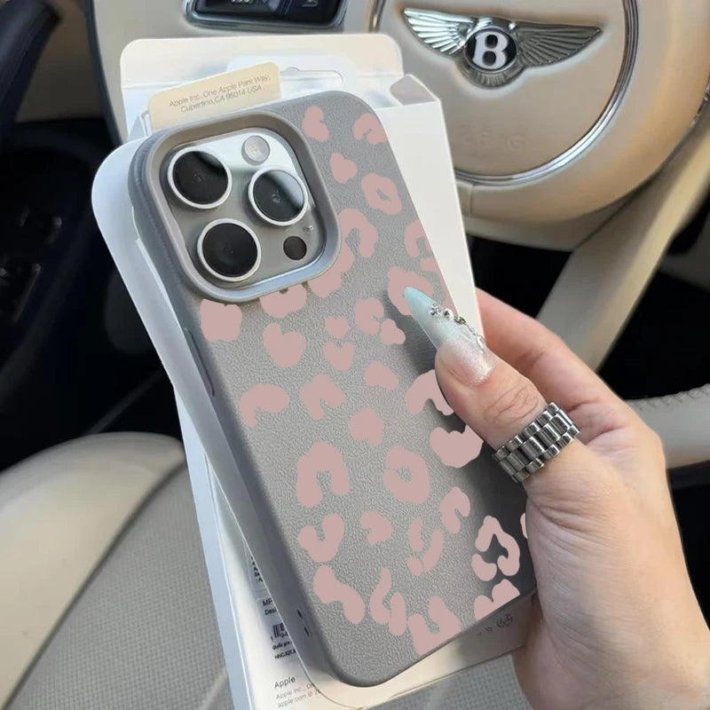 For IPhone 17 16 15 14 13 12 11 Pro Max Case Pink Leopard Print Lichee Pattern Silicone Cover for IPhone XS X XR 16 Plus Fundas