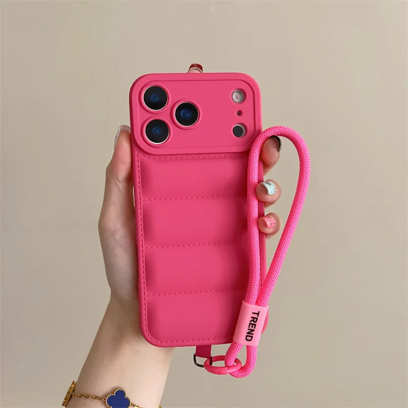 Luxury Down Jacket Puffer Wrist Strap Phone Case for Samsung Galaxy S25 Edge S24 S23 S22 S21 S20 FE Plus Ultra Soft Cover