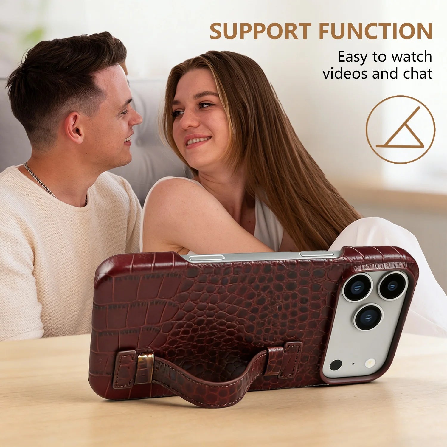 Luxury Genuine Leather Case With Wrist Strap Kickstand For iPhone 17 Pro Max 16 15 14 13 12 Crocodile Pattern Protective Funda