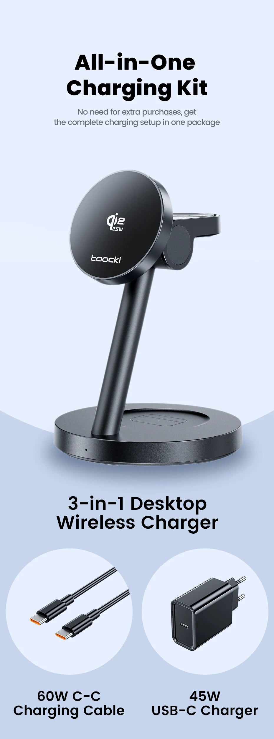 Toocki 3-in-1 Magnetic Wireless Charger 25W Qi2.2 Fast Charging Desktop Wireless Stand For iPhone 15 16 17 Apple Watch Earbuds
