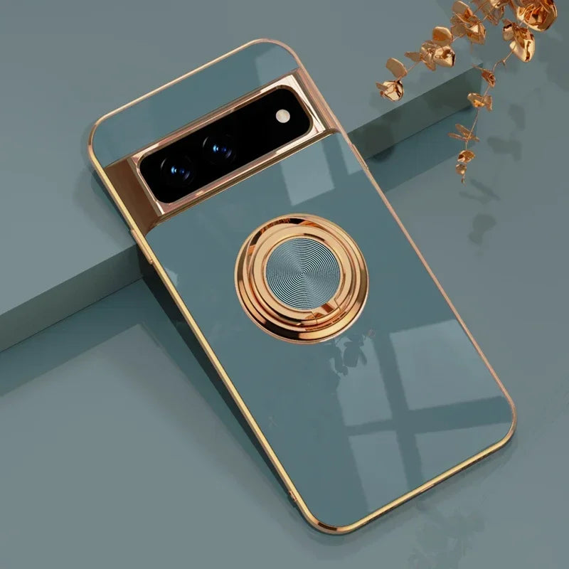 Stylish Plating Soft Silicon Shockproof Case for Google Pixel 10 9 8 7 Pro XL 9A 8A 7A Car Magnetic Ring Bracket Protect Cover