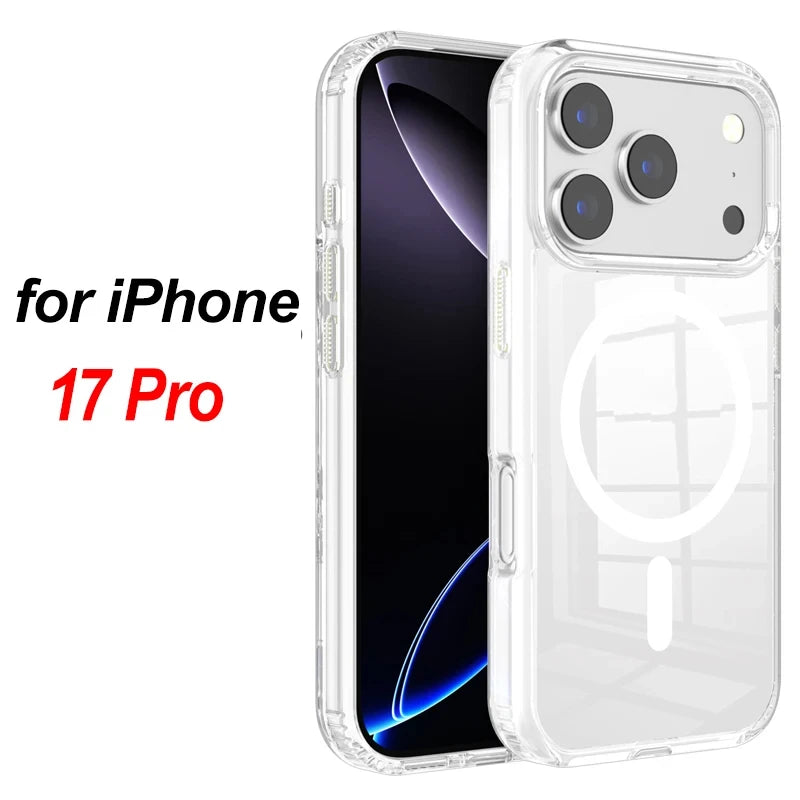 Luxury Magnetic Wireless Charge Clear Case for iPhone 17 Pro Max Air For Magsafe Back Cover Transparent Case