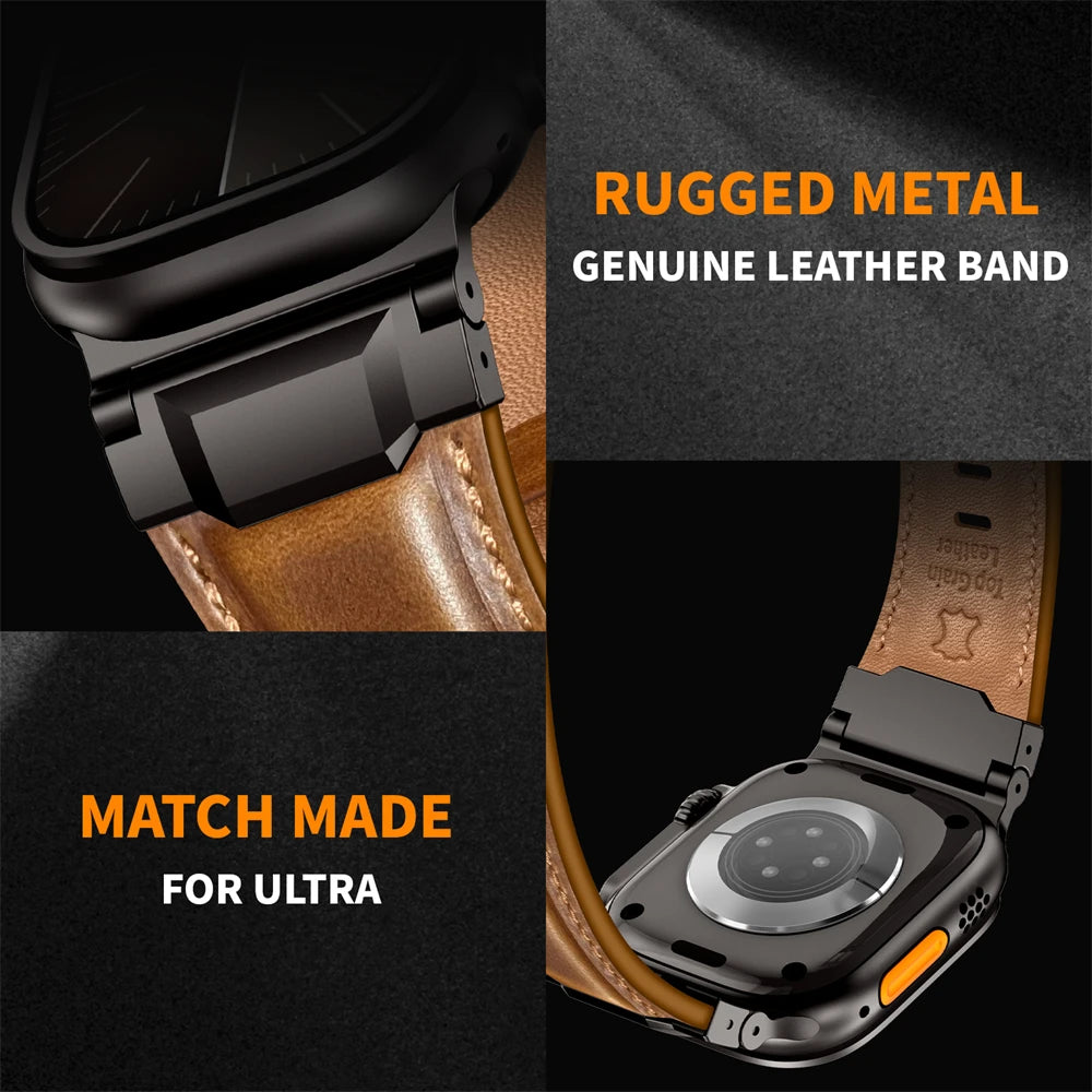 Genuine Leather bands For Apple watch ultra 3 2 49mm 44mm 45mm 46mm NEW Mecha Design bracelet iWatch series 11 10 9 8 7 6 5 SE