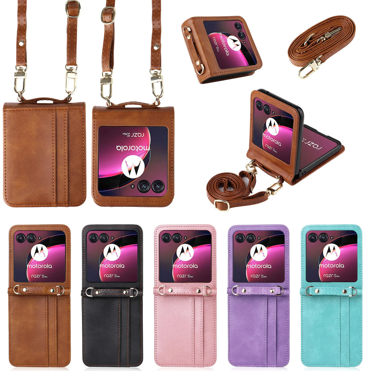 Leather Case For Motorola Razr 70 60 50 Ultra Moto Razr 40 Razr+ 2026 2025 2024 2023 Wallet Cover With Lanyard Card Holder Coque