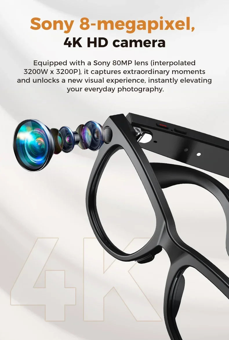 MOGCO Smart AI Glasses, 8MP Camera, Real-time Translation, 3600mAh Charging Case, 43.6g Ultra Lightweight Portable Eyeglasses