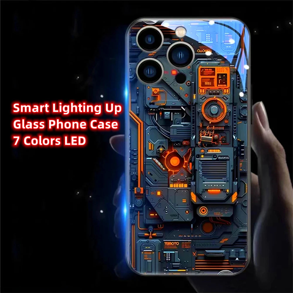 Cool PCB Structure Smart LED Light Glow Tempered Glass Phone Case For iPhone Air 17 E 16 E 15 14 13 12 11 Pro Max XS XR Plus