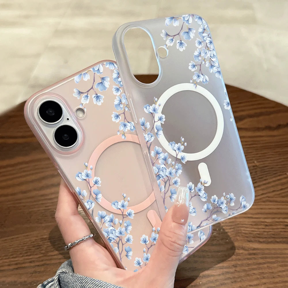 Light Blue Blossom Branch Print Wireless Charging Phone Case For Magesafe iPhone 17 16 15 14 13 12 Pro Max 17 Air Magnetic Cover