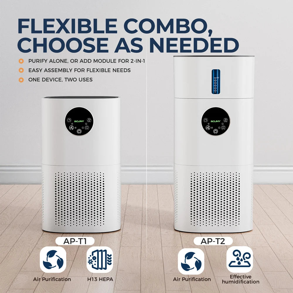 2-in-1 Air Purifier with Humidifier Combo for Home Allergies and Pets Hair, Smokers in Bedroom, H13 True HEPA Filter，White