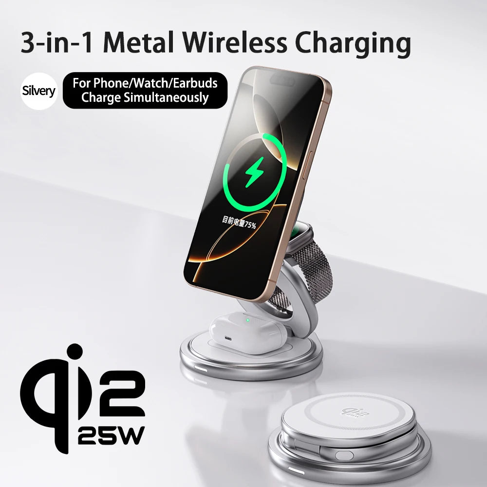 Qi2.2 25W Metal Wireless Charger Protable Fast Charging Station Stand 360° Rotation for iPhone 17 16 15 14 Pro Max Watch Airpods