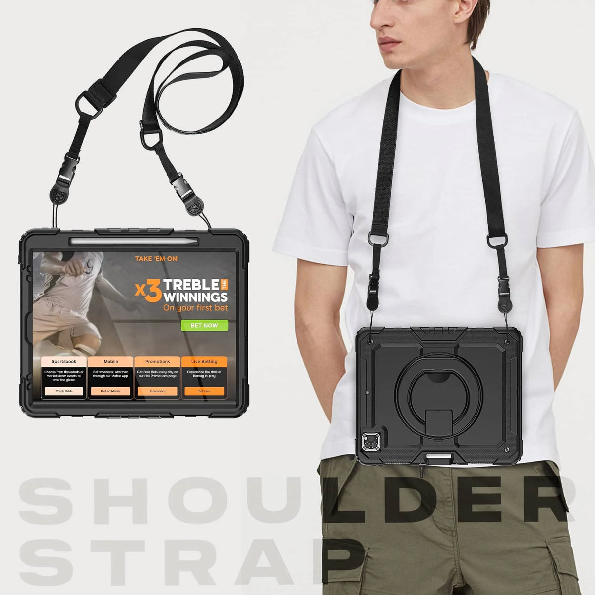 for iPad Pro 12.9'', Military Grade Shockproof Protective Silicone Cover 360 Folding Handle Grip + Handle Shoulder Strap