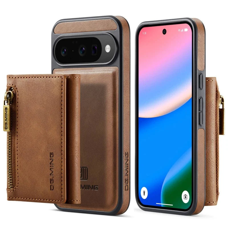DG.MING Zipper Leather Wallet Phone Case for Google Pixel 10 Pro XL Pro 9 8 2 IN 1 Detachable Card Holder Funda Cover Hoesje Bag