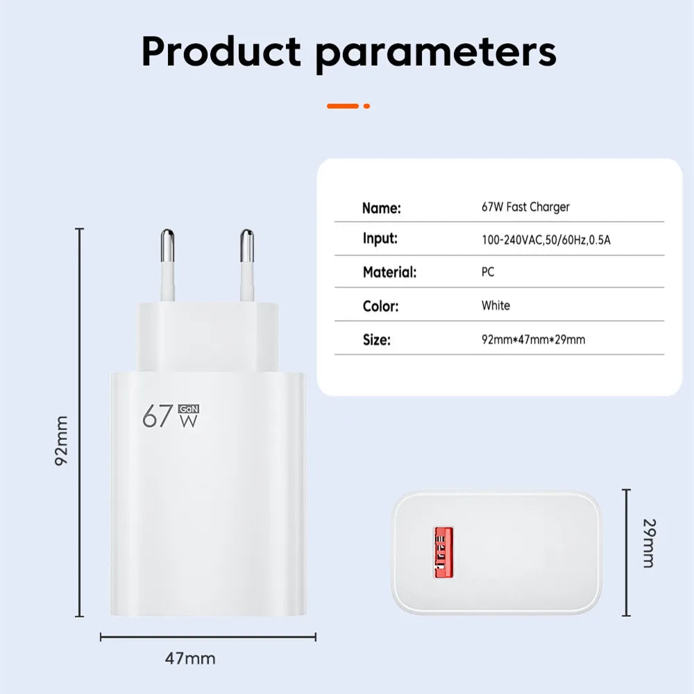 67W Fast Charger GaN USB Type C Power Adapter with Type C Cable USB High Speed Wall Charger For Xiaomi 17 15 14 Ultra Redmi Note