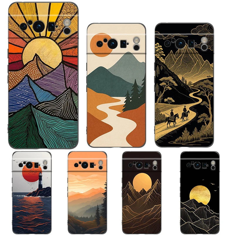 Abstract Mountain Sunrise Line Phone Case For Google Pixel 10A 10 9 8 7 6 Pro XL 9A 8A 6A 7A 5G Soft Shockproof TPU Black Cover
