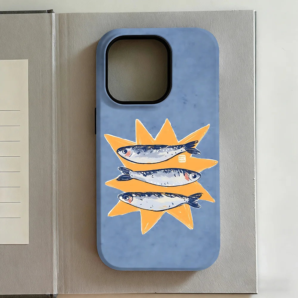 Striped Canned Fish Phone Case for iPhone 17 16e 16 15 14 13 12 11 X XS XR XSMAX 7 8 Air Pro Max Plus Luxury Double-layer