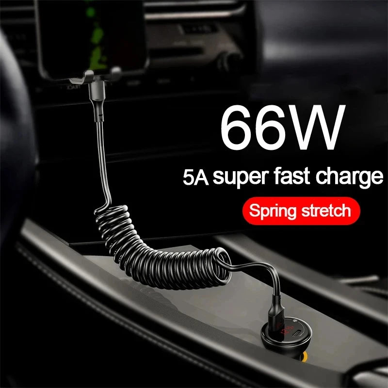 Spring Pull Telescopic Data Cable 5A 66W USB To Type-C/Dual Type-C Fast Charging Cable For  Car 1M 1.8M 2M For iphone17 Xiaomi17
