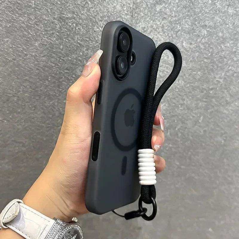 for Magsafe Candy Color Contrast Lanyard Case for iPhone 16 15 14 11 12 13 Pro Max Plus 16e Hand Wrist Strap Matte Soft Cover