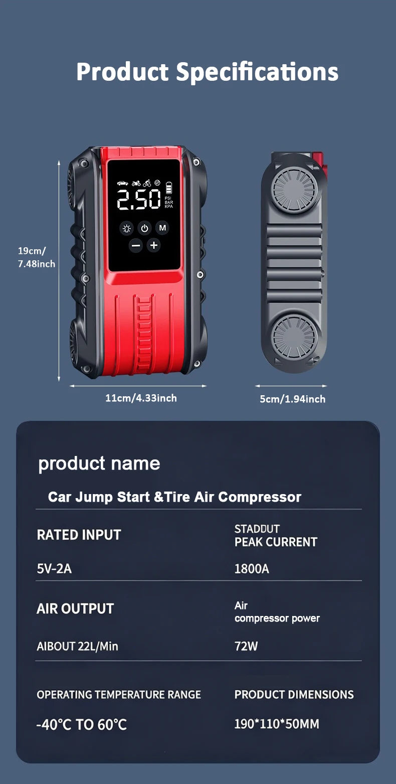 Car Jump Starter 1800A/600A 12V Car Tire Inflator Portable Charger Petrol Diesel Auto Starting Device Booster Emergency Starter