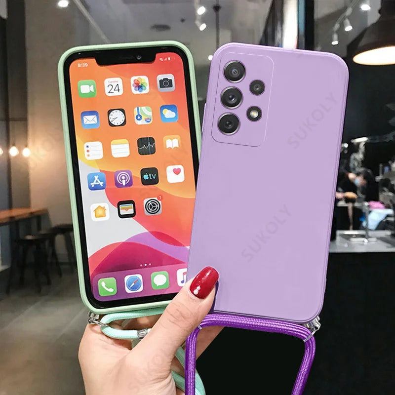 Neck Strap Liquid Silicone Case For Samsung Galaxy A56 A54 A57 S23 Plus A53 5G A55 S21 FE S22 S24 S26 S25 Ultra Lanyard Case