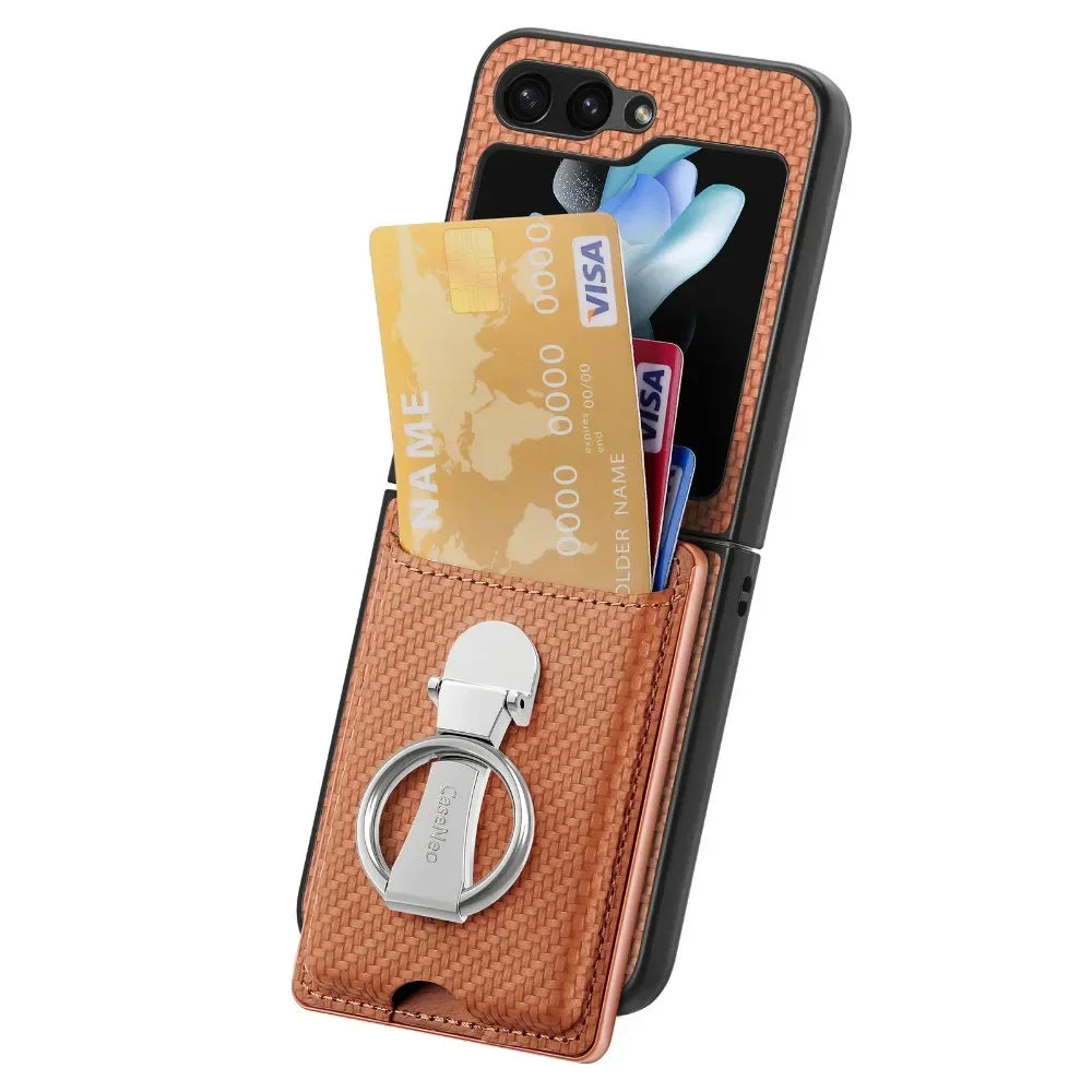 Luxury Ring Stand Leather Phone Case for Samsung Galaxy Z Flip 8 Flip 7 6 5 4 3 Flip7 FE Wallet Card Slot Shockproof Cover