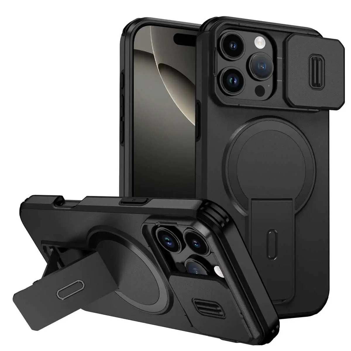 Heavy Duty Magnetic Camera Slide+Kickstand Phone Case For iPhone 16 15 14 13 12 11 Pro Max 16 15 14 Plus 13mini 12mini 16E17E 17