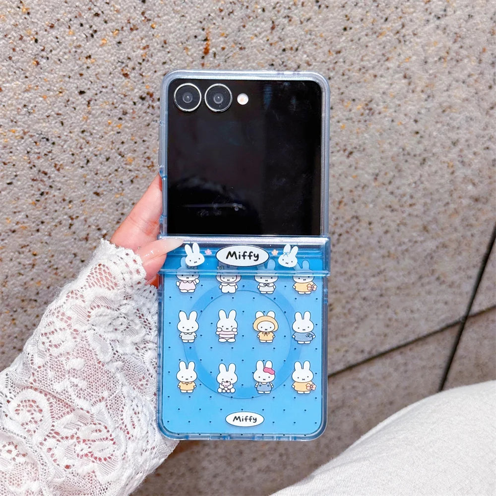 Cute polka dots Miffy Clear Folding Phone Case For Samsung Z Flip 8 7 6 5 4 3 flower Cartoon Miffy protect Cover Wrist Strap﻿﻿﻿﻿