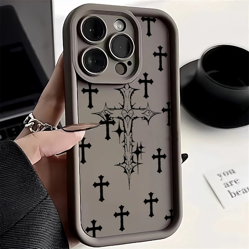 Black Cross Print Phone Case For iPhone 16 15 14 13 12 11 Pro Max X XS XR For iPhone 16E 7 8 15 16 Plus SE Shockproof Soft Cover