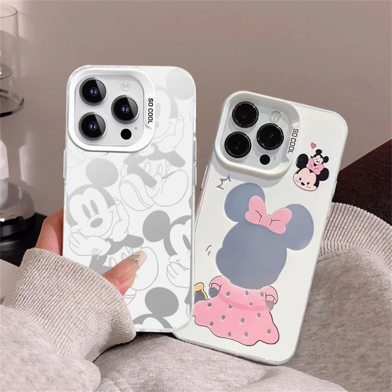 Disney Mickey Minnie Mouse Head Phone Case For IPhone 14 15 16 17 Pro Max Plus 12 13 Mini 16E Casing Hard IMD Silver Laser Cover