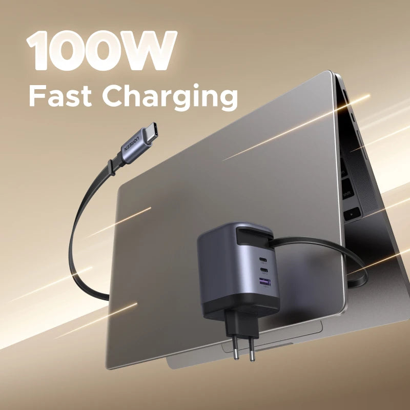 UGREEN 100W GaN Charger With Retractable USB C Cable UFCS PPS PD Fast Charger For Laptop Macbook Pro iPad Tablet iPhone Samsung