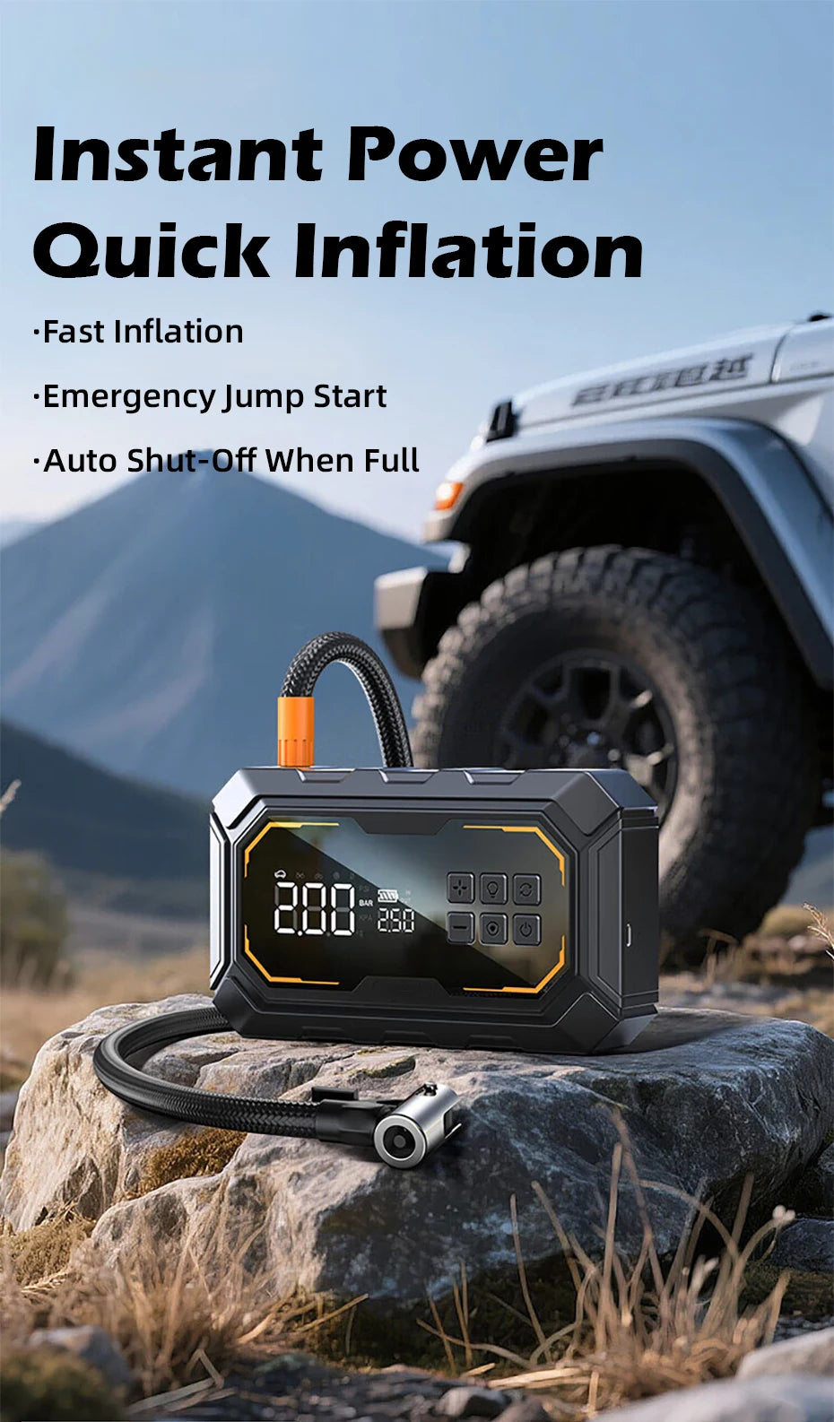 Vyvylabs Car Jump Starter with Air Compressor 150PSI Tire Inflator 4In 1 Emergency Battery Starter Power Bank LED Flashlight 12V