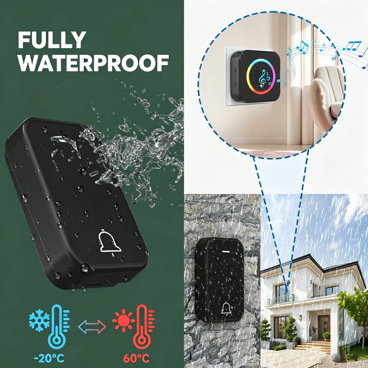 LUNZO Self Powered Wireless Doorbell 2026 350M Long Range Colorful Light No Battery IP44 Waterproof Smart Door Bell Chime