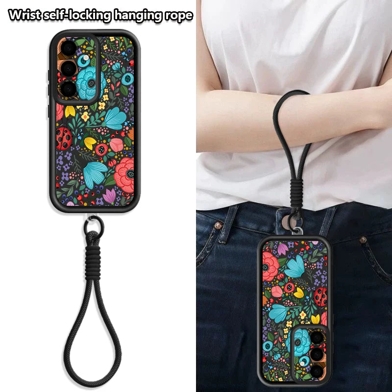Romantic Garden Patterned Lanyard Phone Case For Samsung Galaxy S25 S24 FE S26 S24 S22 Ultra S23 Plus S25 Edge Soft Strap Cover