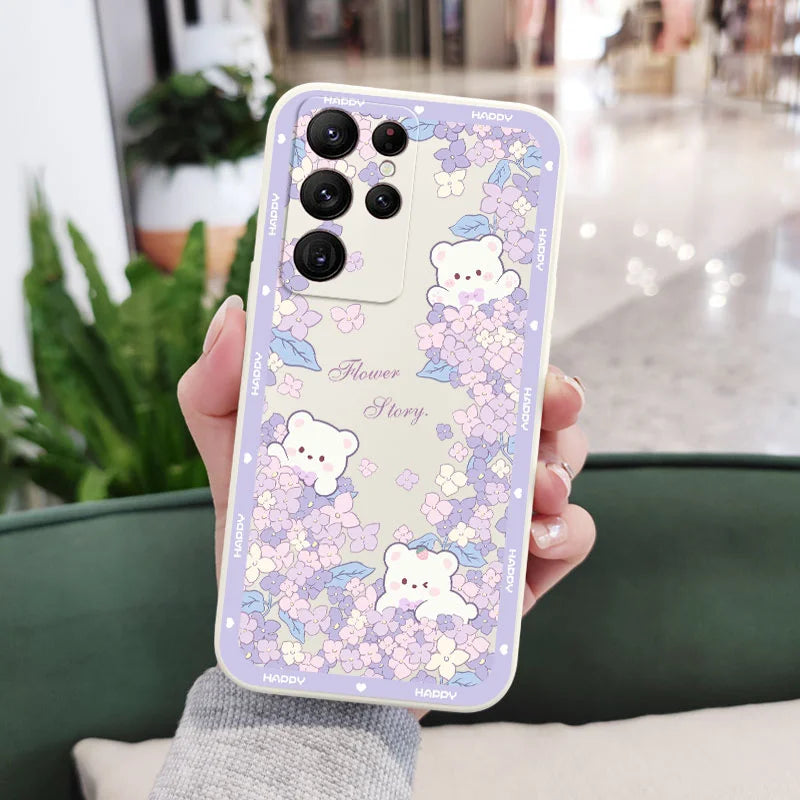 Flower Bush Bear Phone Case For Samsung Galaxy S25 FE S24 S23 S22 S21 S20 Ultra Plus FE S10 Note 20 Ultra 10 9 Plus Cover