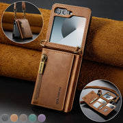2 in 1 Luxury Leather Flip Phone Case For Samsung Galaxy Z Flip 8 7 6 5 4 3  Magnetic Wallet Card Solt Zipper Lanyard Cover ﻿