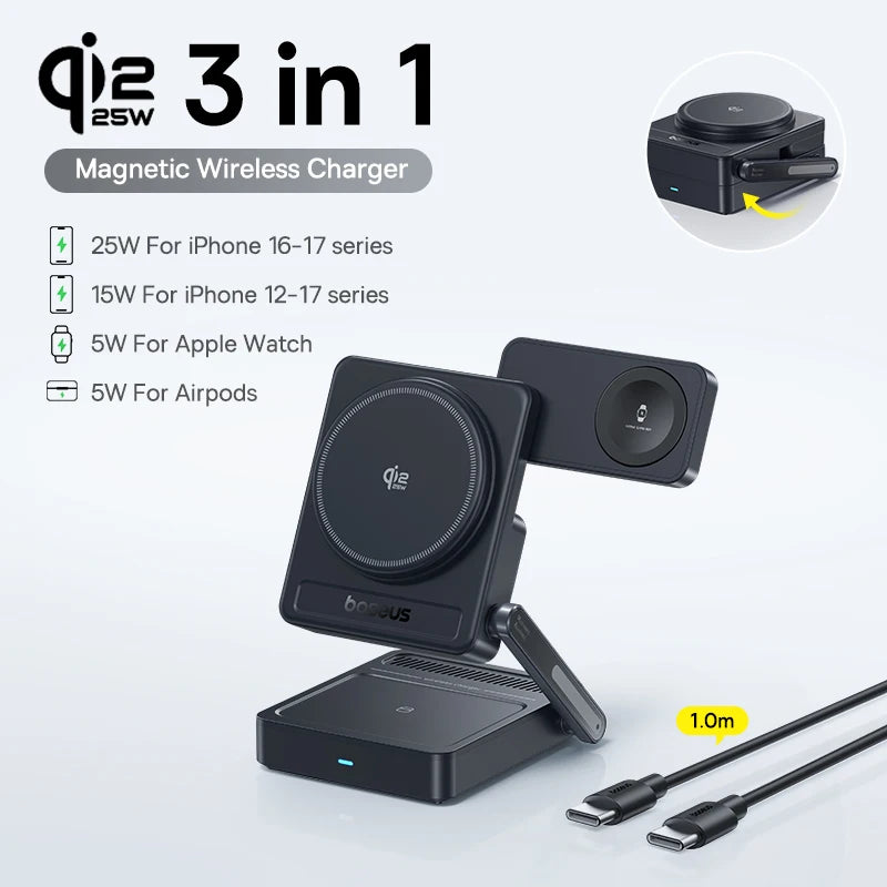 Baseus 3 in 1 Magnetic Wireless Charger Qi2.2 25W Fast Charging For iPhone 17 16 15 14 Apple Watch Earbuds AirPods Pro iWatch