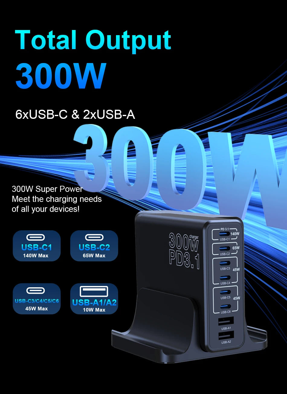 Ubigbuy 300W USB C Fast Charger Multi Port GaN 140W PD 3.1 Charging Station PPS 100W 45W for MacBook Pro M2 iPhone 15 14 Galaxy
