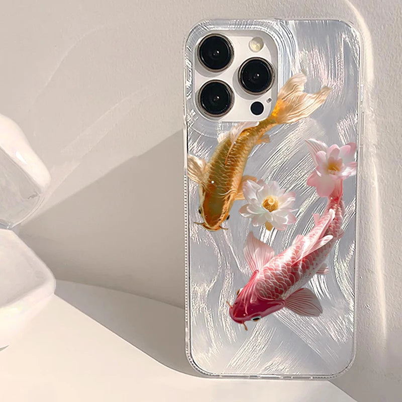 Feather Yarn Colorful Golden Lotus Koi Phone Case For iPhone 11 12 13 14 15 16 17 Air Pro Max XS XR X 7 8 Plus 16E SE 2 Cover