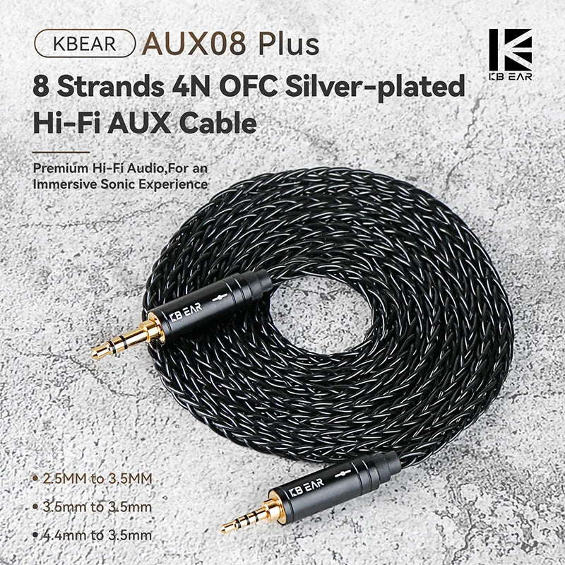 KBEAR AUX08 Plus 8 Core OFC Silver-plated Hi-Fi AUX Cable 1.4m/2m 3.5MM/2.5MM/4.4MM Earphones Headphones Headset AUX Cable