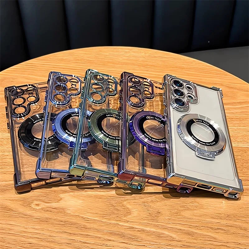 Luxury Magnetic Plating Stand Shockproof Clear Case For Samsung Galaxy S26 S25 S24 Ultra S23 S22 Note 20 Plus Acrylic Back Cover