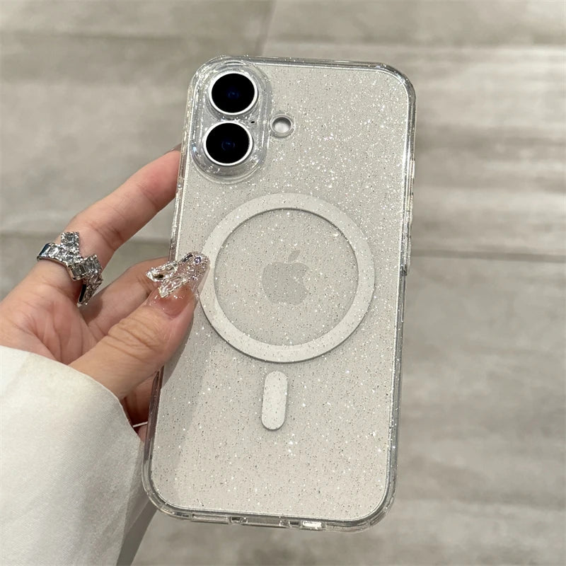 Luxury Glitter For Magsafe Transparent Case For iPhone 13 14 15 16 17 Pro Max Air Plus Magnetic Wireless Charge Soft Bling Cover