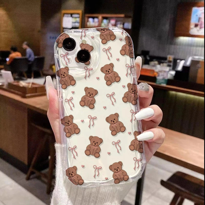 Cute Sweet Bow Bear Case For Samsung Galaxy S25 Ultra S22 S21 S20 Plus S21FE S20FE S25FE A31 Cartoon Silicone Wave Side Cover