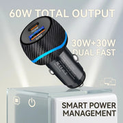 60W Dual Port Car Charger Carbon Fiber Style USB C PD 30W QC 30W Fast Charging Auto Cigarette Lighter For iPhone For Samsung