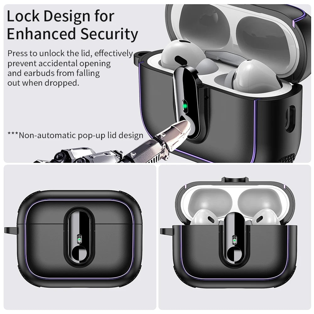 Armor Lock Earphone Cover For AirPods Pro 3 Case TPU PC Shockproof Headphone Coque For AirPods Pro 2 2nd 4th 3 1 Cases With Hook
