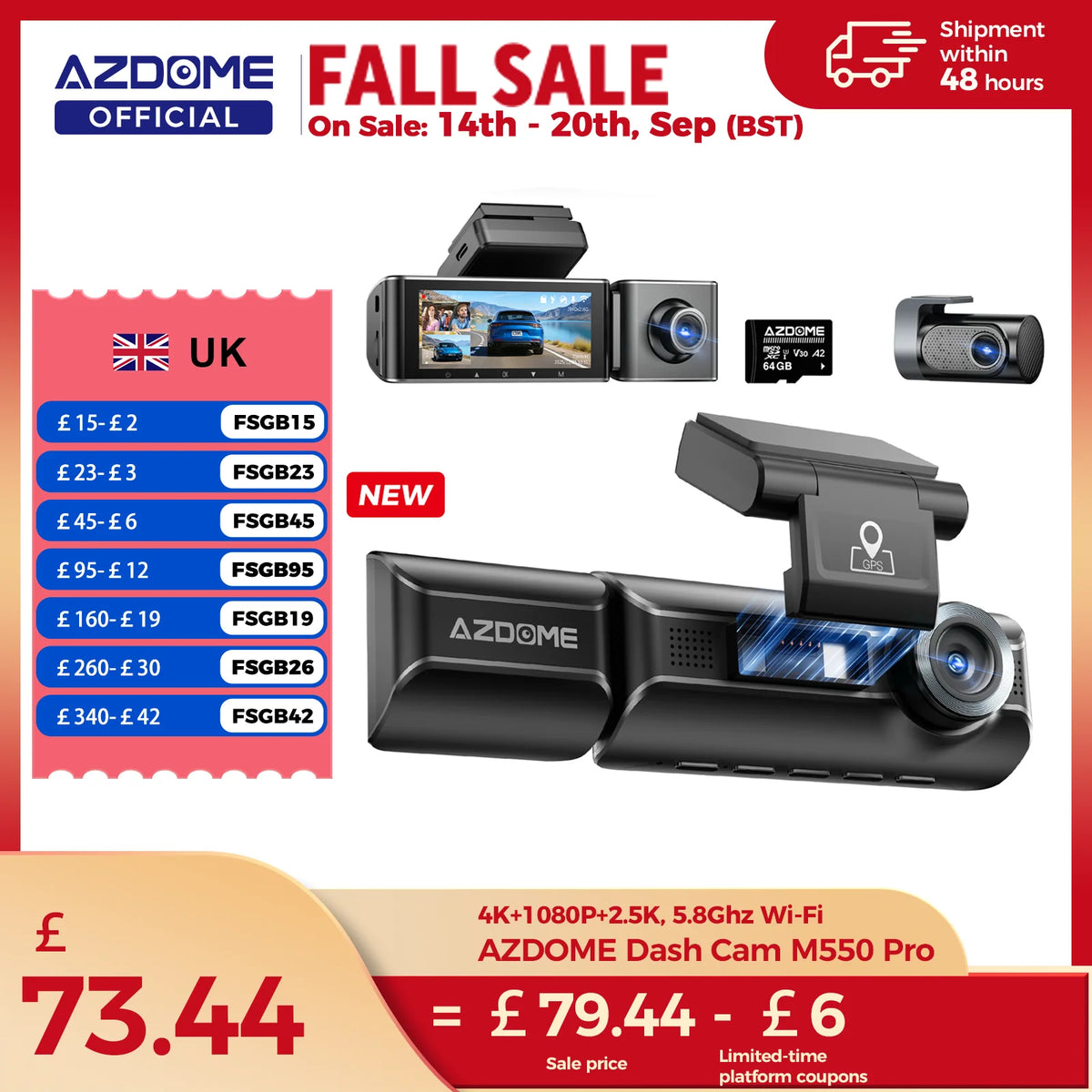 New AZDOME 4K M550 Pro Dash Cam Front Rear Interior 3 in 1 Car Camera 24H Parking Monitor Supercapacitor 5G WIFI GPS ADASCar DVR