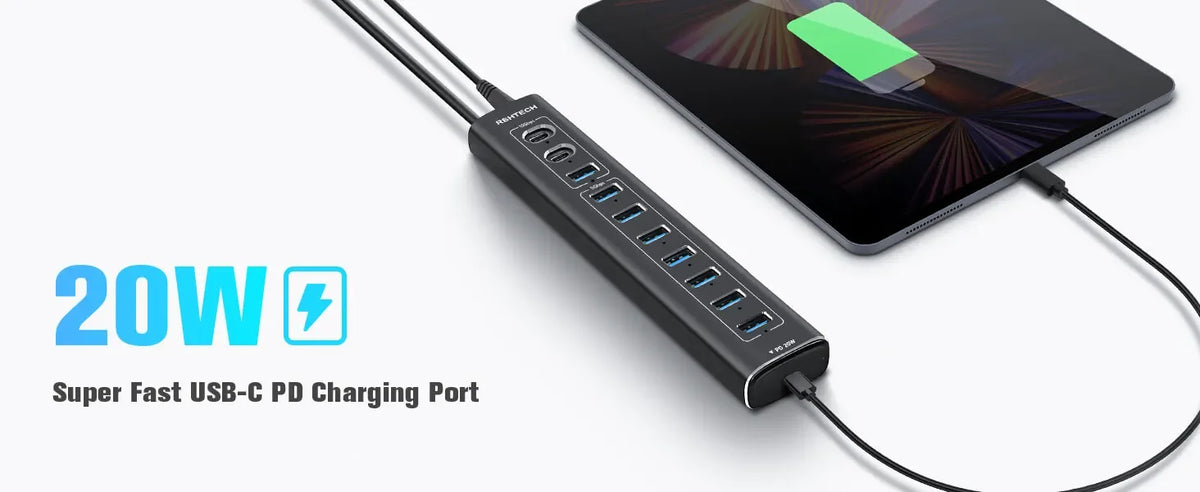 RSHTECH 60W USB 3.1 Hub 10Gbps for Laptop Macbook with 7 USB3.0 Port and 20W PD Aluminum USB Splitter Data Transfer Dock Station