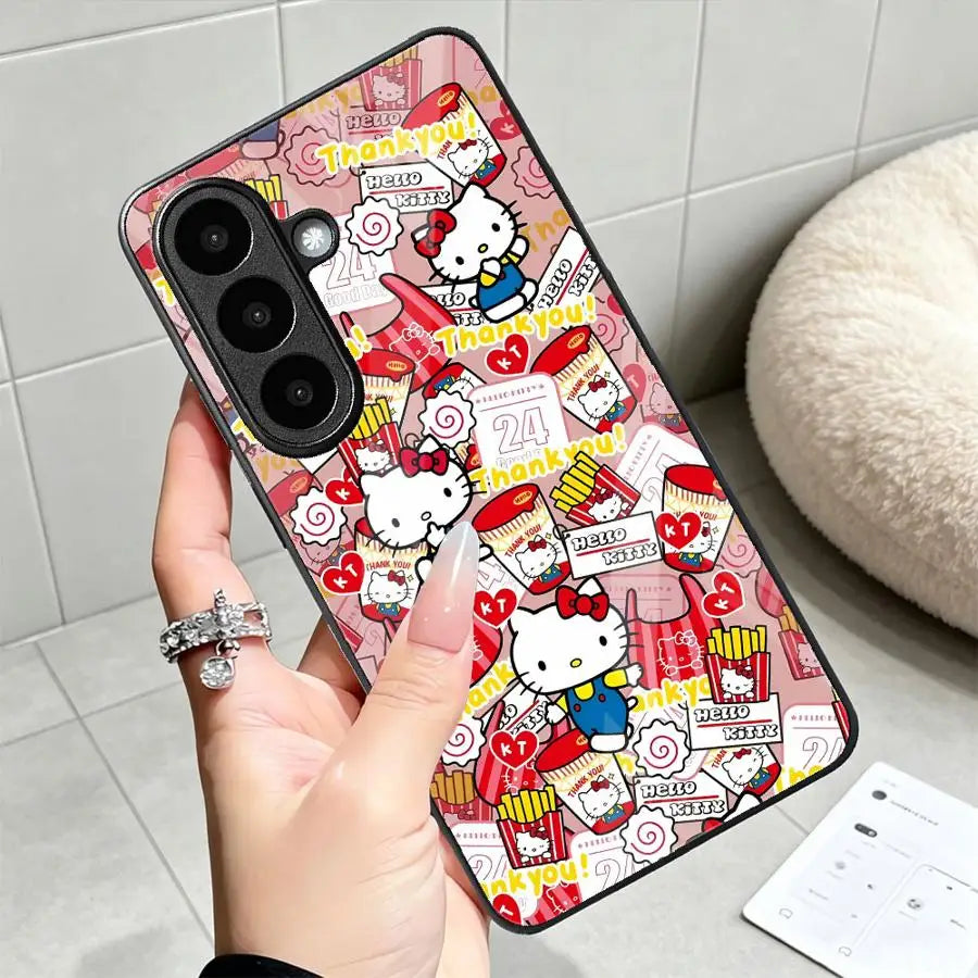 Phone Cover Glass Case for Samsung Galaxy S26 Ultra S25+ S23+ S23 FE S20 S21 S22 25 Edge 24 Plus S26+ S24+ Cute Sanrio Hello