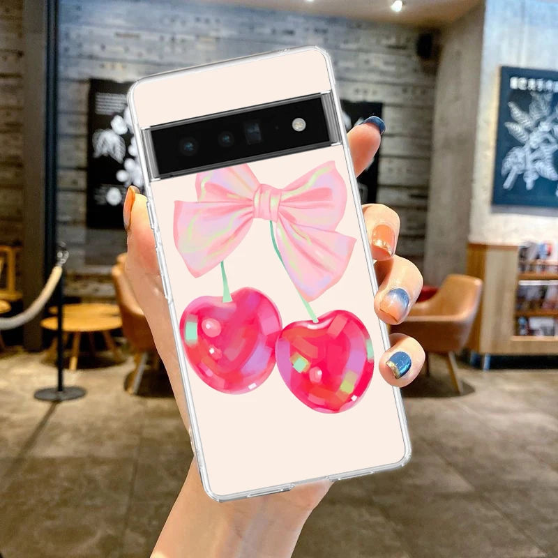 Cute Cherry Bow Phone Case For Google Pixel 9 8 7 6 Pro XL 8A 7A 6A 5 4 5A 4A 3A XL 5G soft Silicone Clear TPU Cover