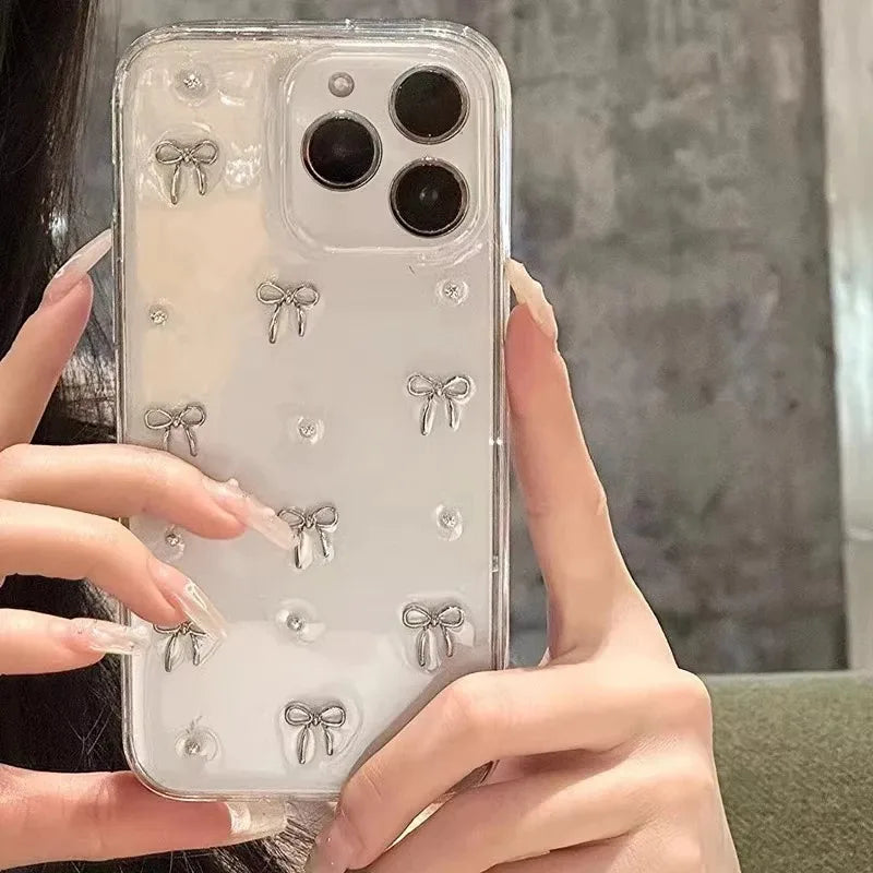 Girl's Glitter Bling 3D Bowknot Transparent Case For iPhone 17 16 15 14 Plus 13 12 11 Pro Max 17ProMax Air Clear Slim Cover