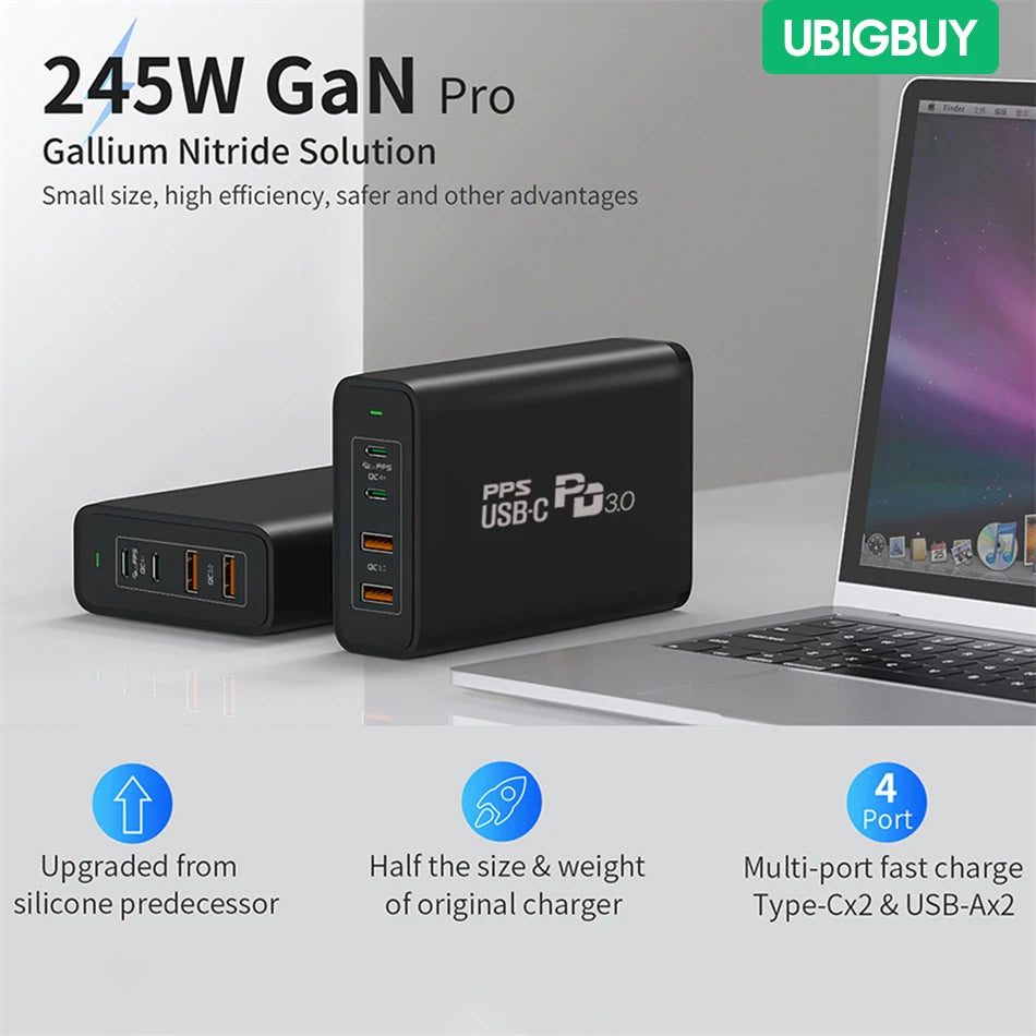 245W USB C Power Adapter 4 Ports GaN Desktop Charging Station PD100W PPS45W Fast Charger for MacBook iPhone 15 Samsung S23 Ultra