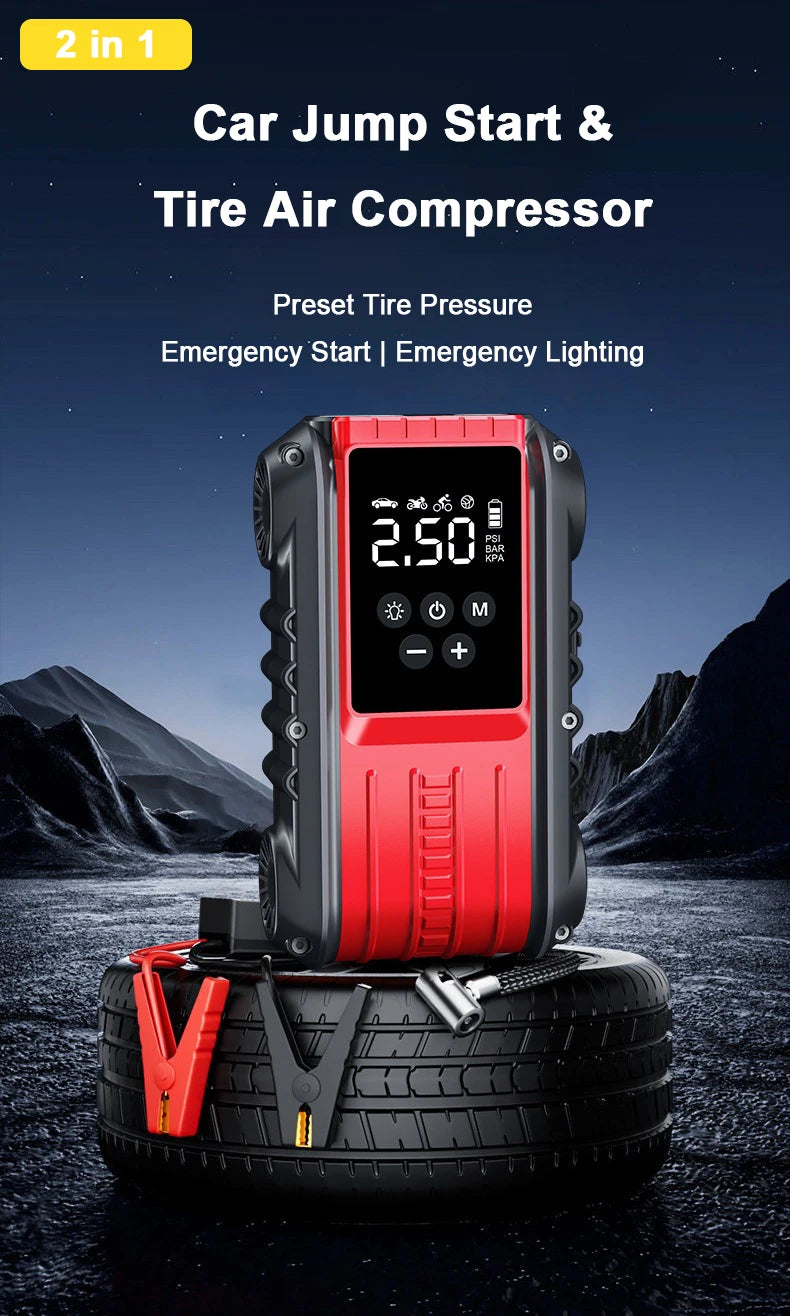 Car Jump Starter 1800A/600A 12V Car Tire Inflator Portable Charger Petrol Diesel Auto Starting Device Booster Emergency Starter